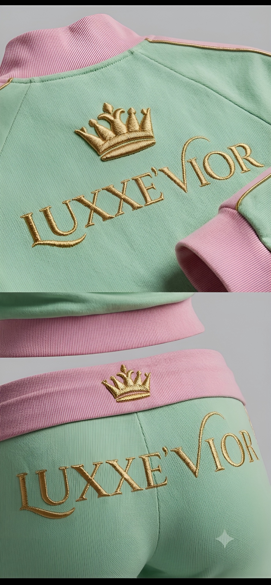 Gold embroidered Luxxe'Vior crown on mint and petal tracksuit