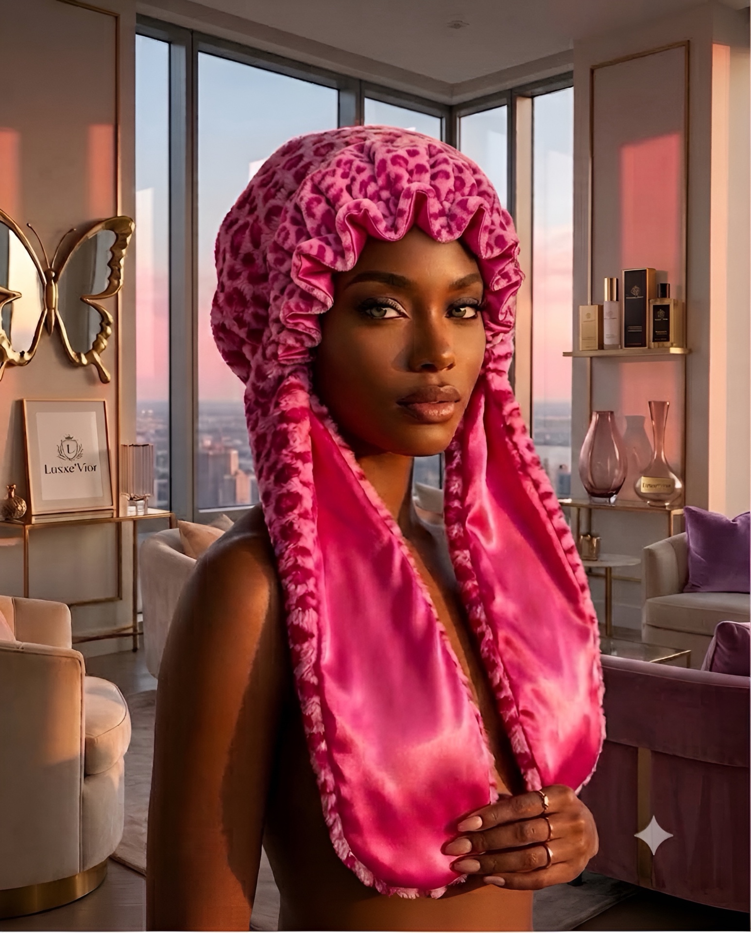 Signature High Vibrational Luxury Sleep Headwear With Ears in Pink Leopard buttery satin